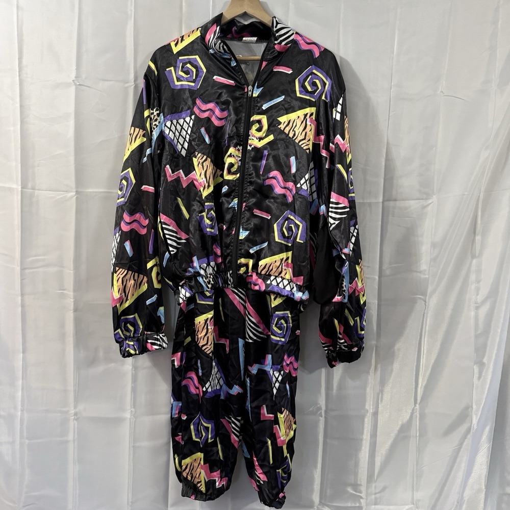 80s90s Windbreaker Tracksuit Black Geometric Neon Jacket‎ Pants Costume Adult M